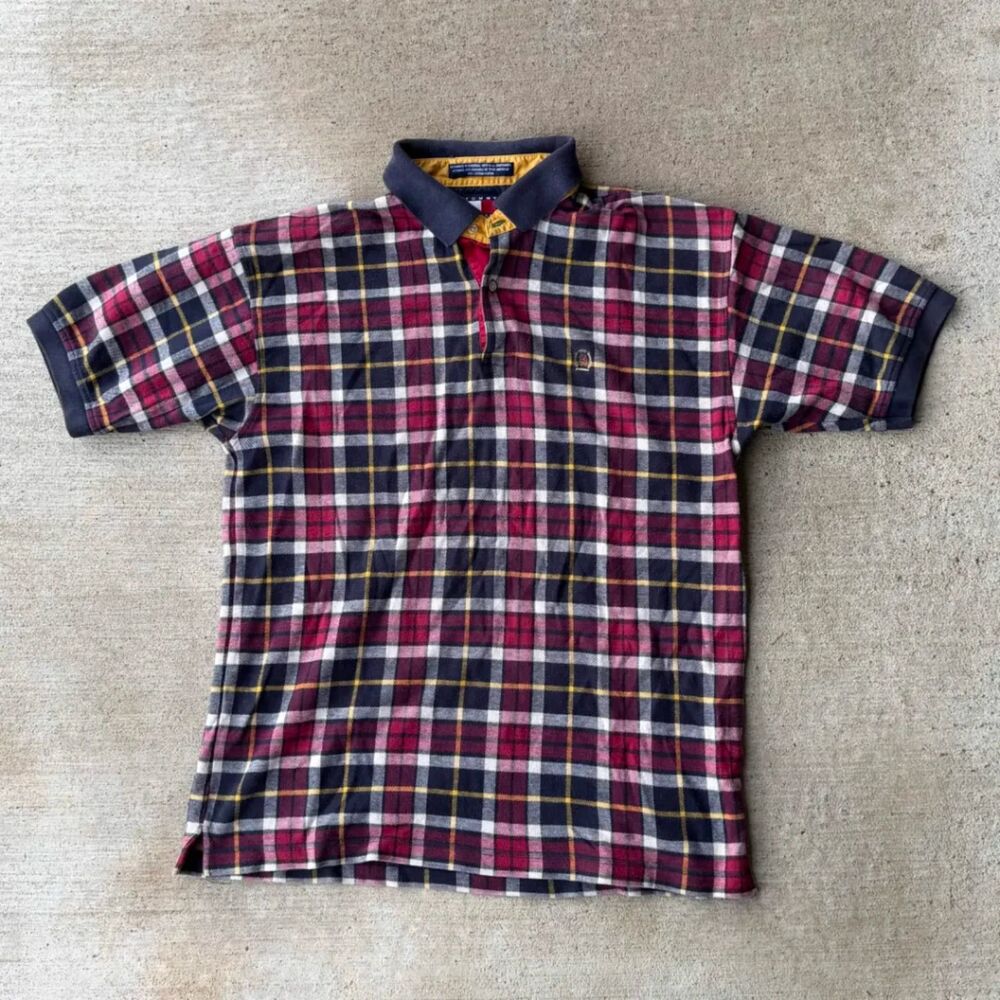 Vtg 90s Tommy Hilfiger Plaid Rugby Polo Shirt Sz Large Crest Logo Red Navy Pique